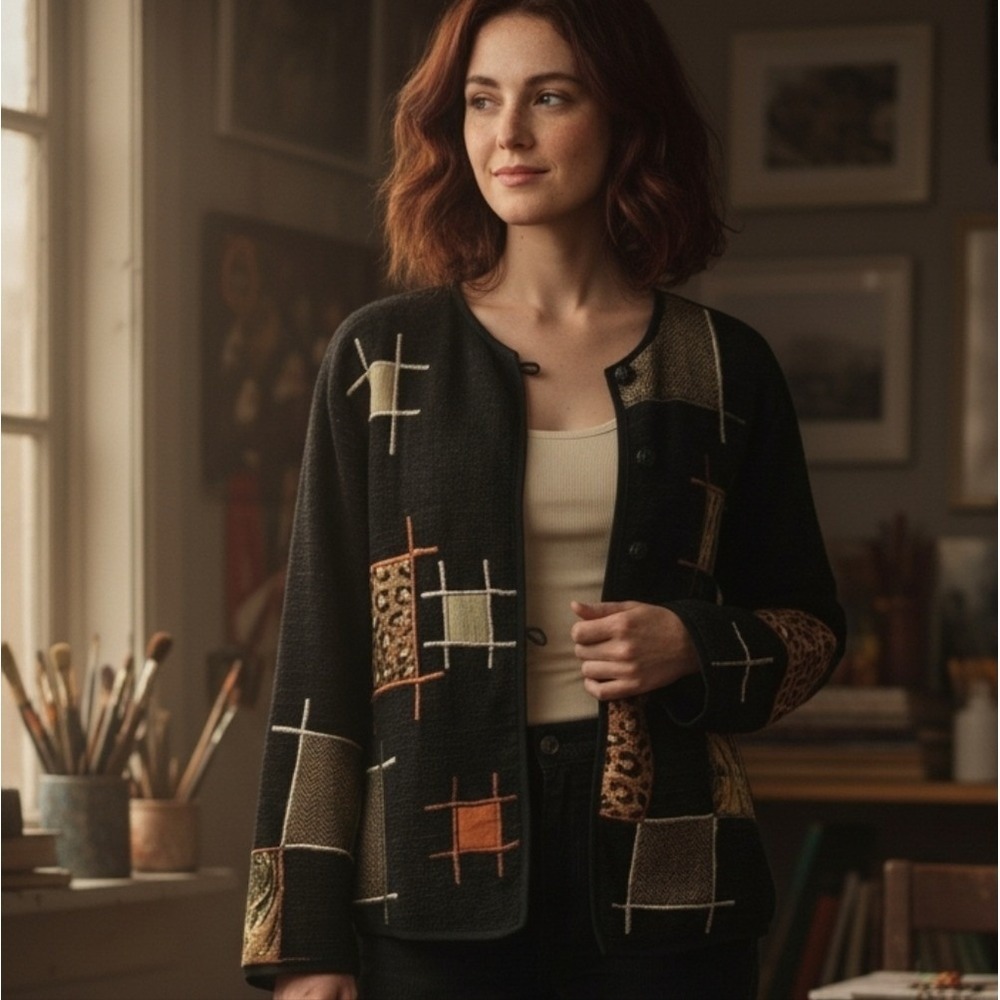 Vintage 90s Black Tapestry Jacket Geometric Animal Print Patches Artsy Large